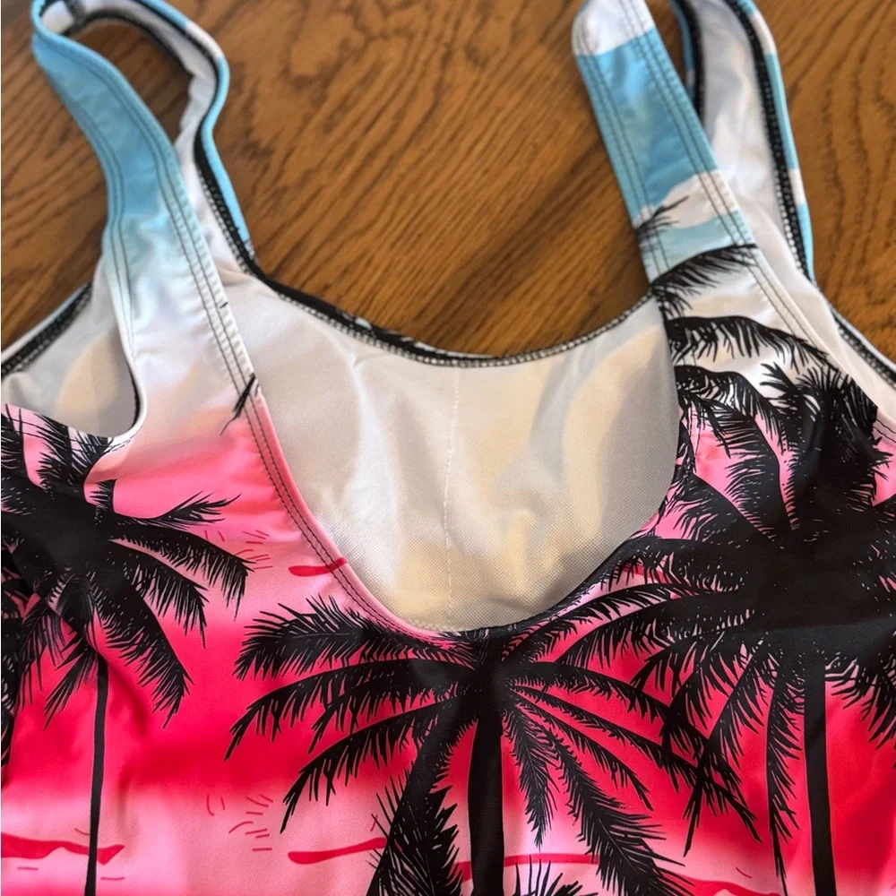 SHEIN BRAND, Women’s Sz (S) One-Piece Tropical Palm Tree Swimsuit - Pink & Blue - Picture 7 of 10